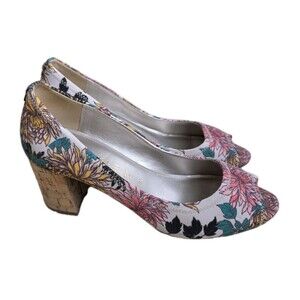 Anne Klein Heels Womens 9.5M Meredith Floral Fabric Slip On Peep Toe Shoes